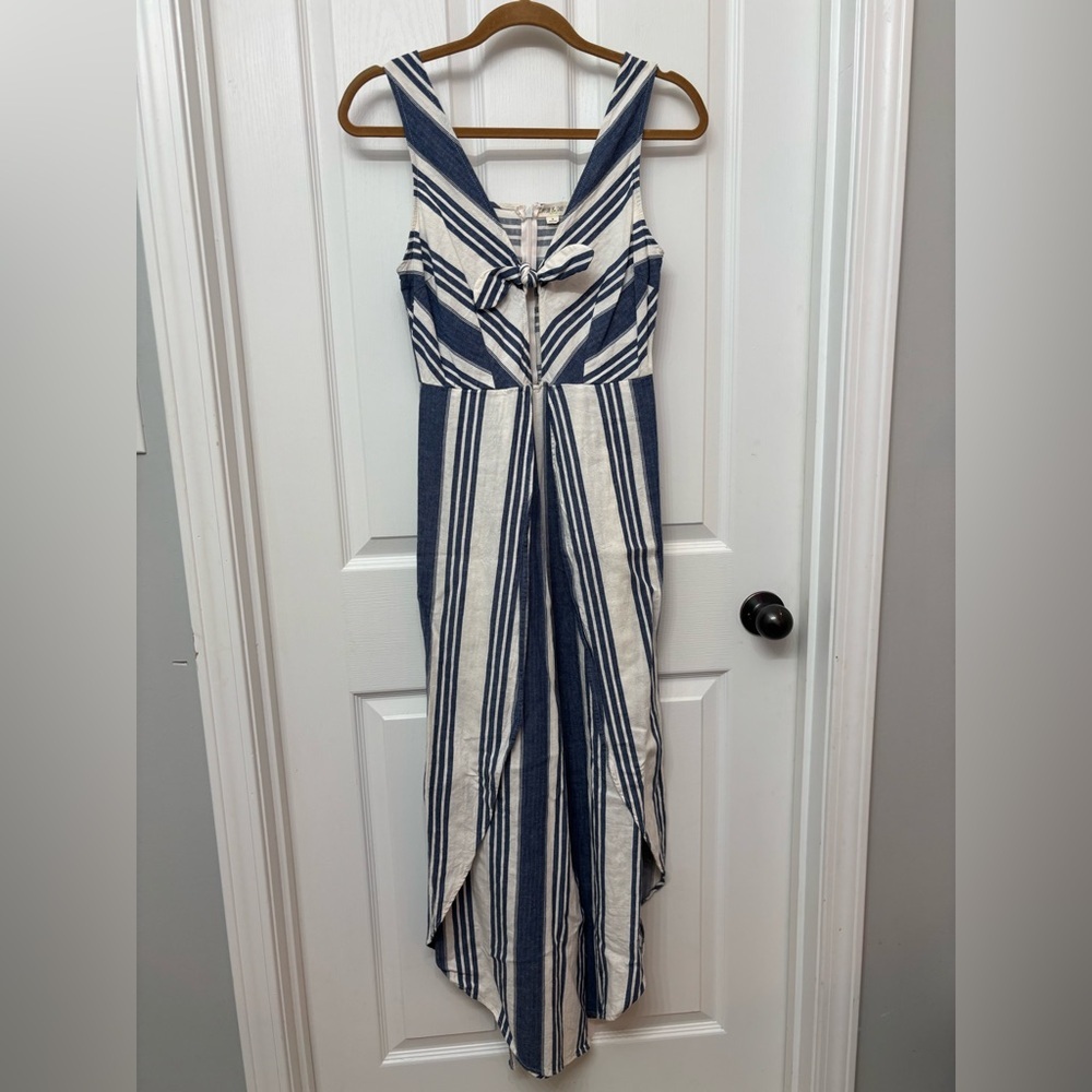 Blue Linen-Blend Striped Wide Leg Jumpsuit | Taylor & Sage S